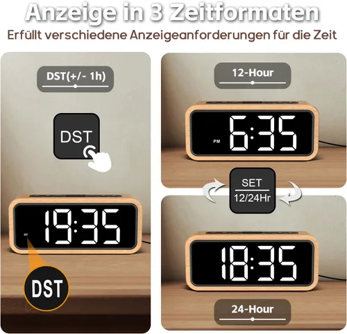 Vista 6 de Alarm Clock Loud for Deep Sleepers, Wooden Alarm Clock with LED Display, 12 Alarm Ringtones, 5 Brightness Adjustable, 5 Volumes, Manual DST, Brown