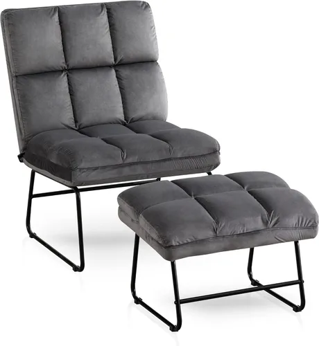 Vista 13 de MCombo Silla decorativa de terciopelo con otomana, acogedora silla de rincón de lectura para espacios pequeños, moderna silla sin brazos para Azul
