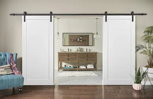 Vista 2 de SARTODOORS Puertas correderas dobles de granero de 56 x 84 pulgadas con herrajes Quadro 4115 seda blanca Juego resistente de riel de 13 pies