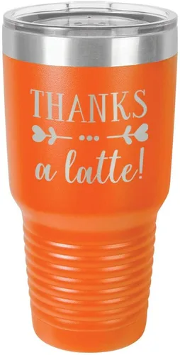 Vista 12 de Taza de viaje de acero inoxidable con tapa superior deslizante y pajita con texto en inglés "THANKS A LATTE 30oz Taza de viaje", compara con Yeti