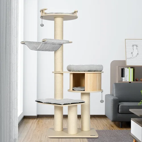 Vista 9 de KAMABOKO Árbol moderno para gatos, 39 pulgadas de alto para gatos de interior, condominio natural con postes rascadores, torre tejida a mano