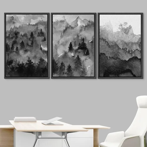 Vista 2 de NWT Lienzo enmarcado para pared, juego de arte en acuarela pastel, bosque de montaña oscura, naturaleza silvestre, ilustraciones de arte moderno