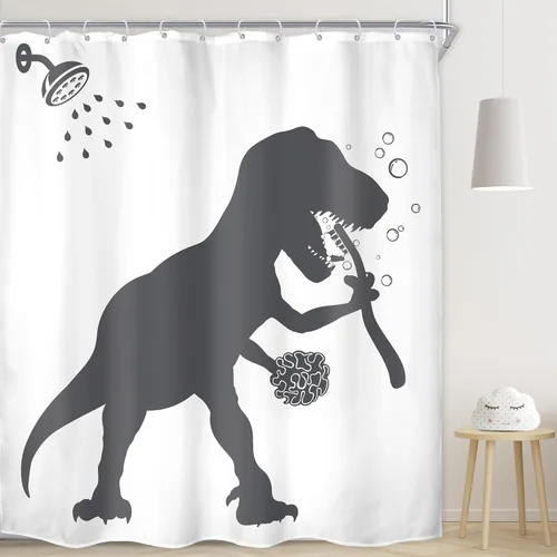 Vista 30 de LGhtyro Juego de Cortina de Ducha Divertida de Dinosaurio para Baño Pequeño 36Wx71H Pulgadas Dibujos Animados Niños Silueta de Dino Sombra de Animal