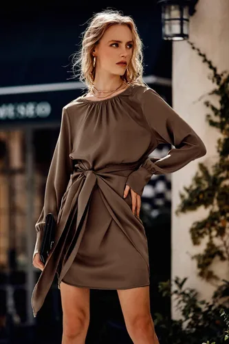 Vista 9 de PRETTYGARDEN Vestido de satén de primavera 2023 para mujer, de manga larga, con lazo en la cintura, elegante, para cóctel, fiesta