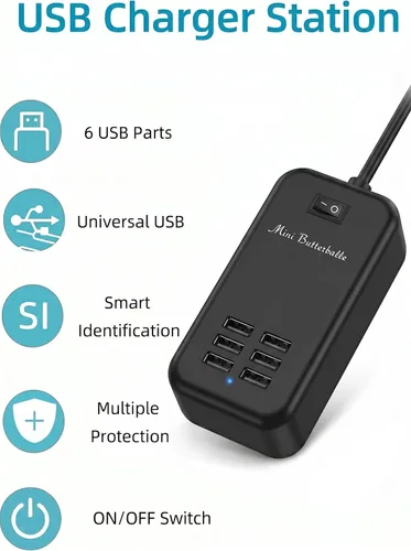 Vista 2 de Estación de carga USB, estación de carga de escritorio de 6 puertos para múltiples dispositivos, regleta de alimentación de pared con interruptor