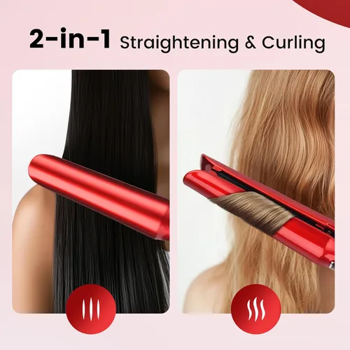 Vista 3 de Alisador y rizador de pelo 2 en 1, titanio y cerámica, rojo Plancha plana para cabello fino, calentamiento rápido, iones negativos, doble voltaje