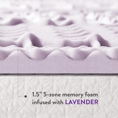 Vista 7 de Mellow Cubrecolchón de espuma viscoelástica de 5 zonas de 1.5 pulgadas, infusión calmante de lavanda, tamaño matrimonial