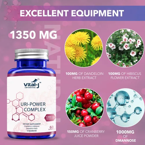 Vista 2 de Complejo Uri Power 4 en 1 1350mg - D Manosa, Arándano, Hibisco y Hierba de Diente de León - Limpia naturalmente la vejiga y el tracto urinario 60