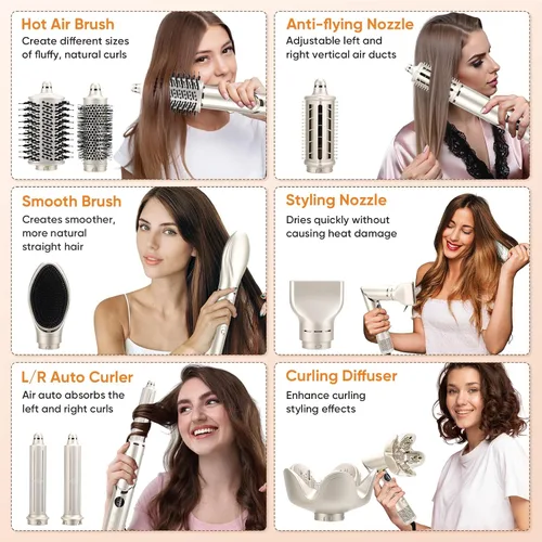 Vista 6 de Cepillo secador de pelo 8 en 1 con rizador de envoltura automática, rizador de 1.25 pulgadas, secado rápido, plegable, 110,000 rpm, para mujeres