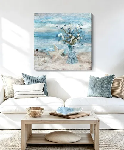 Vista 11 de Arte de pared para decoración de baño, imagen de playa azul, tema oceánico, impresión en lienzo de flores, pintura moderna de paisaje marino