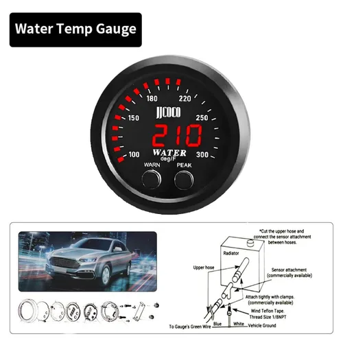 Vista 2 de Medidor de temperatura de agua universal de 52 mm, 100-300F (38-150C), electrónico, digital, LED, rojo, DC12V/24V, para automóvil, con adaptador