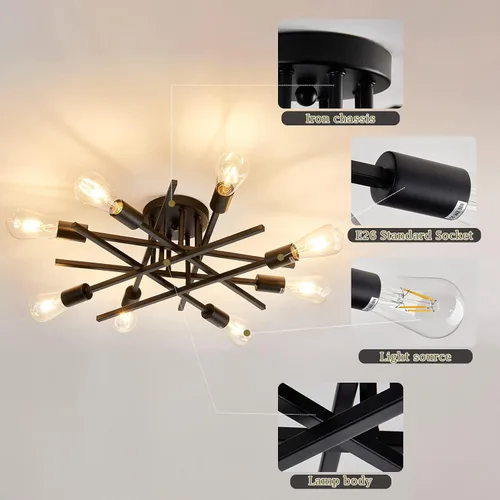 Vista 5 de ASGYISA Lámpara de Techo Semiempotrada de 8 Luces, Candelabro Sputnik de Metal Vintage Moderno Negro, Lámpara de Techo para Dormitorio Cocina