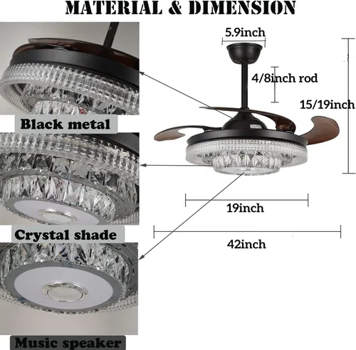 Vista 5 de Ventilador de techo reversible de 42 pulgadas con luces altavoz Bluetooth, lámpara inteligente de cristal regulable de 7 colores con control remoto