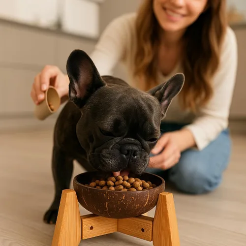 Vista 10 de Cuenco para perros para gatos y perros pequeños, totalmente natural, cuenco de cáscara de coco pulido con soporte de madera, altura total
