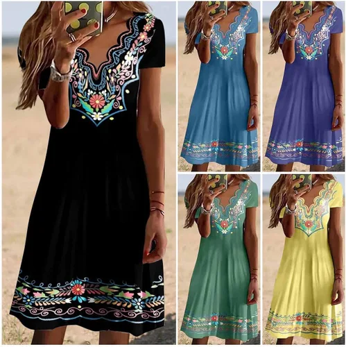 Vista 5 de Esopkuu Vestido de manga corta de algodón puro con estampado retro nacional, bordado con cuello en V, diseño de encaje