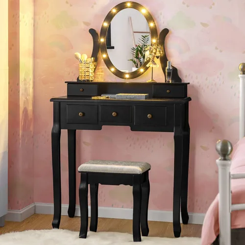 Vista 12 de Giantex Juego de tocador con espejo iluminado, mesa de maquillaje con 10 luces rosadas, escritorio de tocador moderno con taburete acolchado, 3