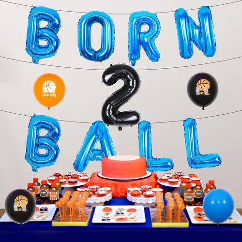 Vista 2 de Decoraciones de fiesta de baloncesto de 2º cumpleaños para niños, decoración de cumpleaños de 2 bolas, pancarta de 2 bolas, globo de baloncesto