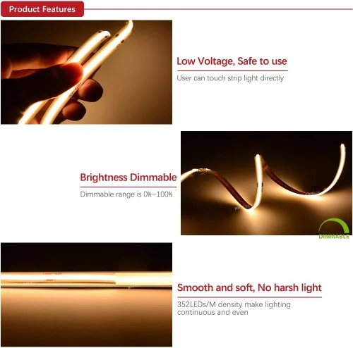 Vista 5 de Tira LED COB de 12 V CC de alta densidad flexible Ra90+ luces blancas cálidas 16.4 ft (luz cálida 3000 K, 320 LEDsm)