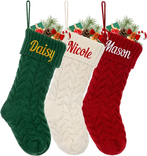Vista 11 de Calcetín de Navidad Personalizado Grande Tejido Personalizado Bordado con Nombre Calcetín de Navidad para Familia Niños Mascotas Decoración