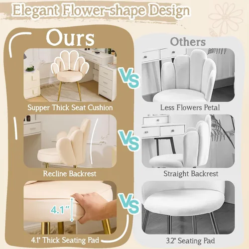 Vista 3 de Vingli Silla de Maquillaje de Pétalos con Respaldo, Silla Linda de Escritorio para Niñas Cómoda Sin Ruedas, Silla Moderna de Comedor, Silla