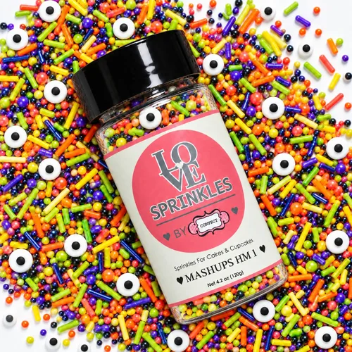 Vista 7 de Confect Mezcla de espolvorear de Halloween – Bolas de discoteca blancas, naranjas, moradas, negras y verdes, ojos de caramelo y jimmies – Gránulos