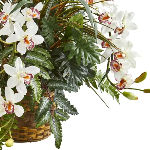 Vista 2 de Nearly Natural Cymbidium Orchid and Mixed Greens - Cesta colgante de plantas artificiales de 29 pulgadas
