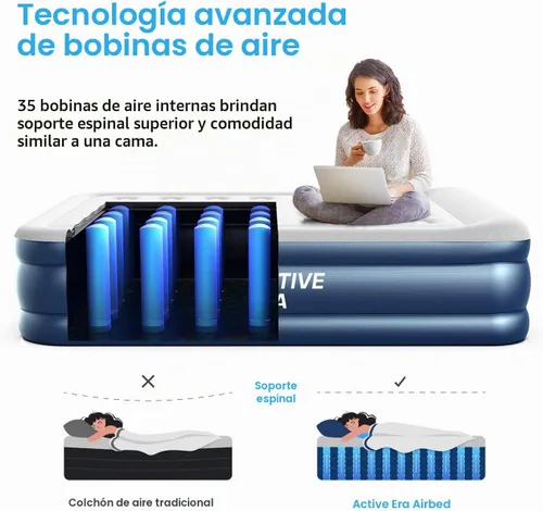 Vista 3 de Active Era Colchón de aire Queen prémium de 20 pulgadas con bomba integrada, almohada elevada, resistente a pinchazos, parte superior suave