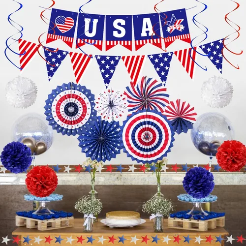 Vista 2 de Decoraciones de fiesta patriótica del 4 de julio, 6 abanicos de papel, 6 bolas de flores, 1 bandera de cola de golondrina de Estados Unidos, 1