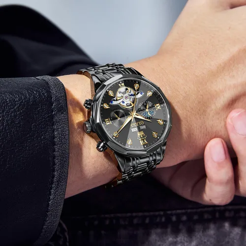 Vista 3 de OLEVS - Reloj Automático de Lujo para Hombre con Diamante, Automático, Multifuncional, Calendario, de Acero Inoxidable, Impermeable, Luminoso