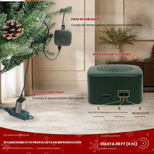 Vista 3 de GREATDAY - Soporte musical giratorio para árbol de Navidad con control remoto, altavoz Bluetooth, 10 canciones, rotación de 360°, se adapta a