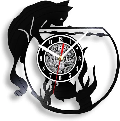 Vista 10 de The Geeky Days Reloj de pared con iluminación LED de gato negro con pecera, lámpara de noche para guardería, habitación de niños, gatito juguetón