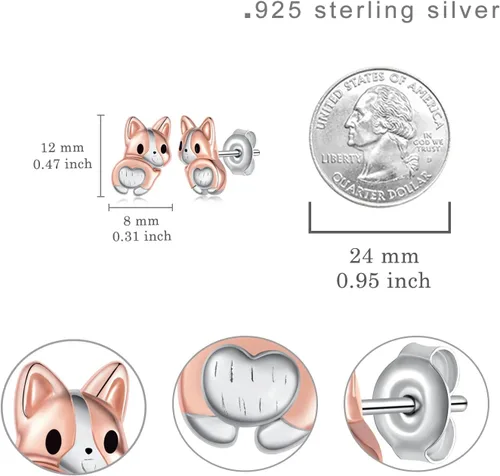 Vista 4 de Aretes de plata de ley 925, diseño de perro corgi/perro salchicha/perro perrito kawaii, regalos para mujeres, amantes de los perros