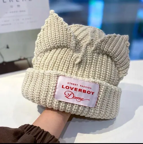 Vista 2 de Gorro con orejas de gato, lindo gorro de punto con diseño de calavera, cálido y holgado