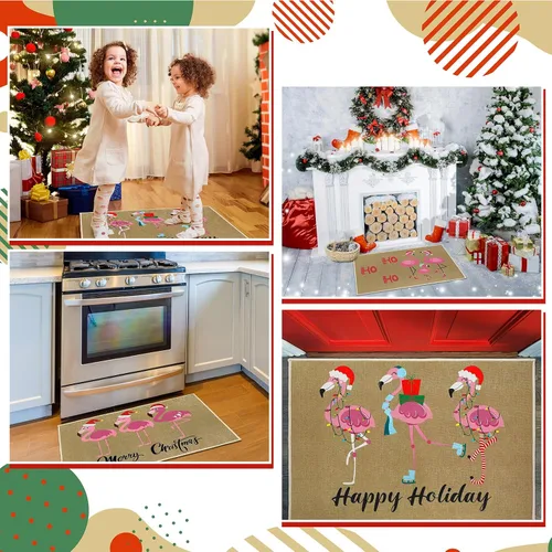 Vista 6 de 3 tapetes de puerta de Navidad de flamenco rosa de 23.6 x 15.7 pulgadas, flamenco rosa en sombrero de Papá Noel, decoración de interiores