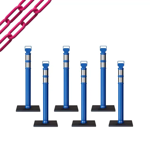 Vista 8 de CCW 6-Pack 45" Delineador Post Kit Kit de 3.0 in collares reflectantes, base de goma de 10 lb (6 postes blancos con cadena negra de 50 pies)