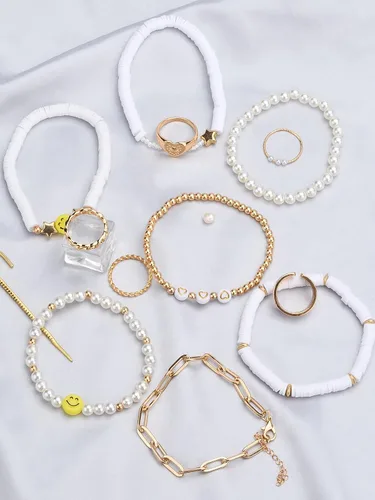 Vista 35 de Preppy Heishi - Juego de pulseras de surfista para niñas adolescentes, bonitos aretes estéticos, anillos estéticos preppy coloridos de oro blanco