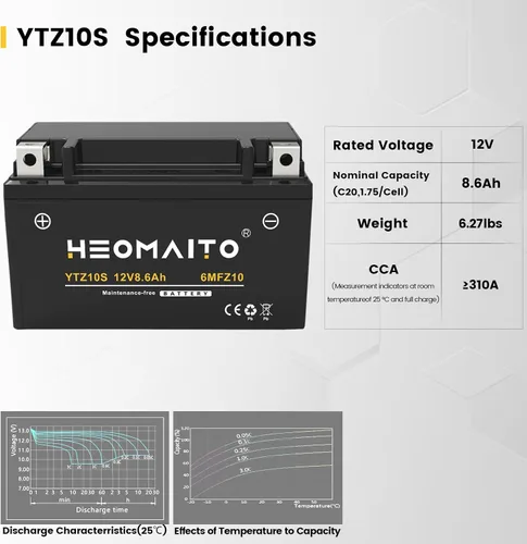 Vista 5 de Batería YTZ10S-BS, 12V 8.6Ah, 10HR, 310 CCA, 6MFZ10 Batería recargable sin mantenimiento SLA AGM para motocicleta, 1 paquete