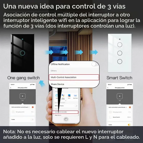 Vista 3 de Interruptor inteligente MOES táctil de pared, WiFi de 2.4 GHz con cable neutro requerido, control múltiple de 3 vías, panel de vidrio. Funciona