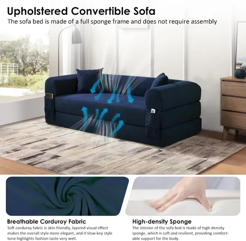 Vista 4 de Sofá cama convertible de 80", sofá plegable extraíble de pana 3 en 1 con almohadas, sofá moderno sin ensamblaje sin estructura con compresión