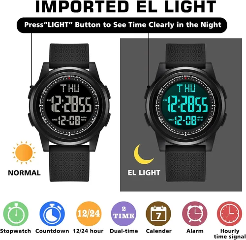 Vista 3 de NN BEN NEVIS Reloj digital para hombre, reloj digital con cronómetro, cuenta regresiva, alarma, doble hora, calendario, ultra fino, minimalista