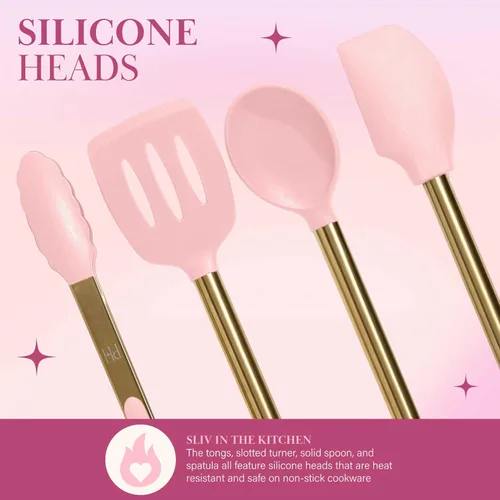 Vista 6 de Paris Hilton Juego de herramientas de cocina con recipiente para utensilios con utensilios de cocina de silicona, batidor y cucharón de acero