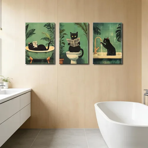 Vista 3 de 3 piezas de divertidos carteles de gato negro en lienzo para pared de baño Arte de pared vintage Gato se lava las patas leyendo el periódico