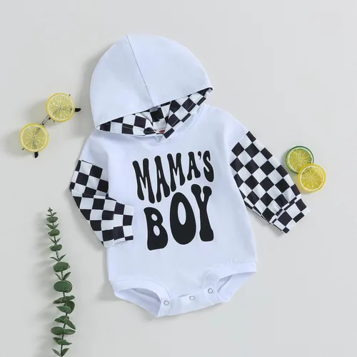Vista 2 de Ropa de otoño para bebé niño, manga larga, sudadera con capucha de tablero de ajedrez, sudadera con capucha para mamá