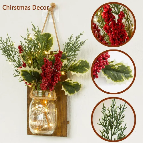 Vista 3 de PARTY JOY Juego de 2 apliques de tarro de Navidad con bayas rojas, decoración rústica de pared con control remoto para decoración navideña