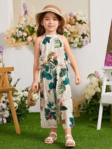 Vista 5 de Verdusa Conjunto de 2 piezas para niña pequeña, con estampado tropical, top halter y pantalones