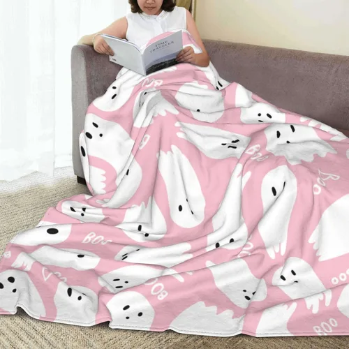 Vista 3 de Manta rosa de fantasmas de Halloween, manta de franela ligera y suave y mullida para cama, sofá, sala de estar, automóvil, viajes, mascotas, 40 x 30
