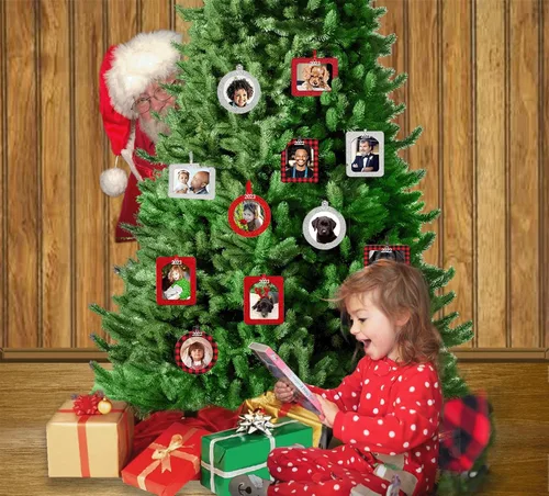 Vista 5 de Adornos de fotos para árbol de Navidad, adorno clásico de marco de Navidad a cuadros en blanco y negro, diseño magnético de fácil carga, con cinta