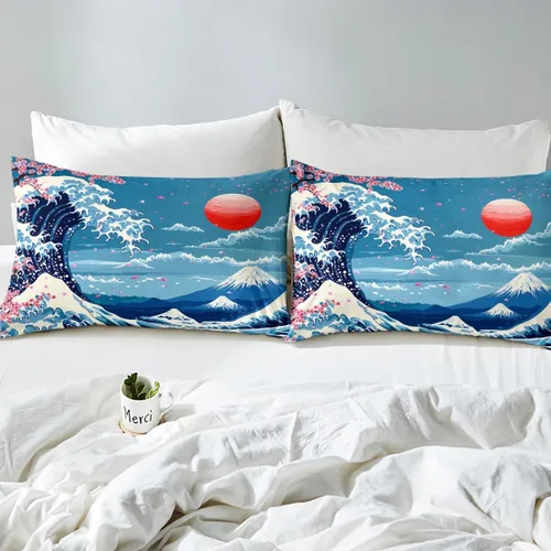 Vista 5 de Castle Fairy Ukiyoe Ocean - Juego de sábanas tamaño individual, juego de sábanas de flor de cerezo de estilo japonés para niños y adolescentes
