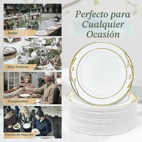 Vista 5 de Reli. Platos de plástico desechables, borde blanco y dorado