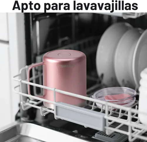 Vista 4 de SUNWILL - Taza de café de viaje con tapa, taza aislada con asa, taza de acero inoxidable de 14 oz para hielo, agua, té, color oro rosa